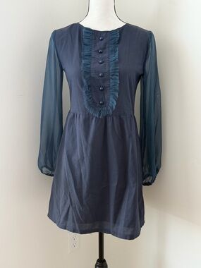 Sheer-Sleeve Navy Long Sleeve Ruffle-Front Dress